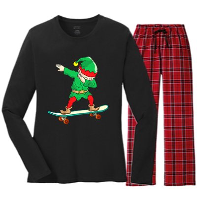 Dabbing Elf Skateboarding Boys Skateboarder Christmas Women's Long Sleeve Flannel Pajama Set 