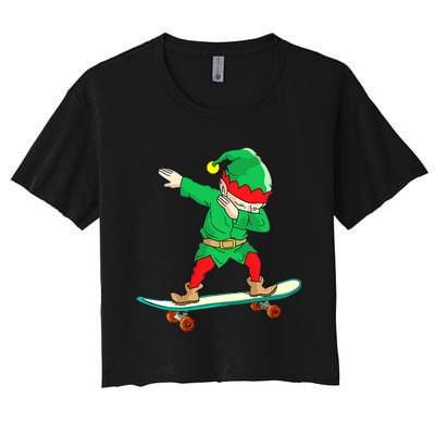 Dabbing Elf Skateboarding Boys Skateboarder Christmas Women's Crop Top Tee