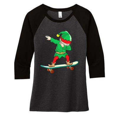 Dabbing Elf Skateboarding Boys Skateboarder Christmas Women's Tri-Blend 3/4-Sleeve Raglan Shirt