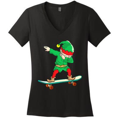 Dabbing Elf Skateboarding Boys Skateboarder Christmas Women's V-Neck T-Shirt