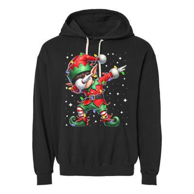 Dabbing Elf Santa Hat Christmas Lights Garment-Dyed Fleece Hoodie