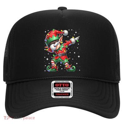 Dabbing Elf Santa Hat Christmas Lights High Crown Mesh Back Trucker Hat