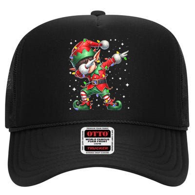 Dabbing Elf Santa Hat Christmas Lights High Crown Mesh Back Trucker Hat