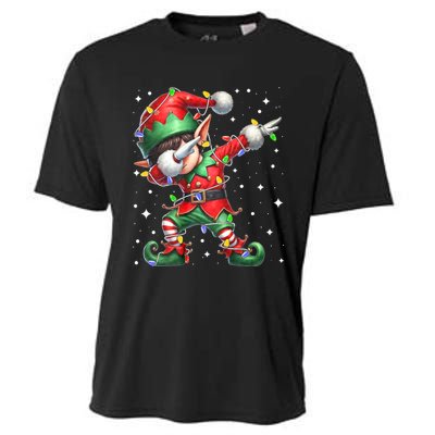 Dabbing Elf Santa Hat Christmas Lights Cooling Performance Crew T-Shirt