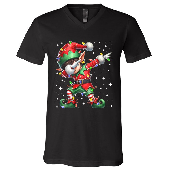 Dabbing Elf Santa Hat Christmas Lights V-Neck T-Shirt