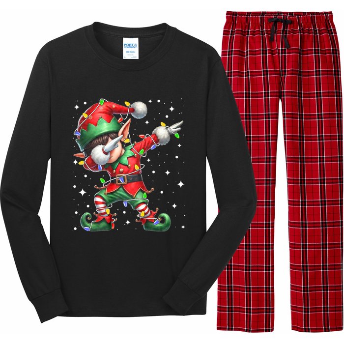 Dabbing Elf Santa Hat Christmas Lights Long Sleeve Pajama Set