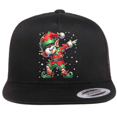 Dabbing Elf Santa Hat Christmas Lights Flat Bill Trucker Hat