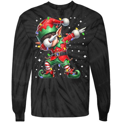 Dabbing Elf Santa Hat Christmas Lights Tie-Dye Long Sleeve Shirt