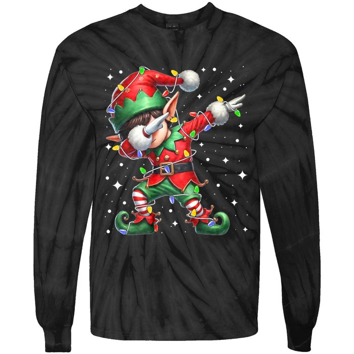 Dabbing Elf Santa Hat Christmas Lights Tie-Dye Long Sleeve Shirt