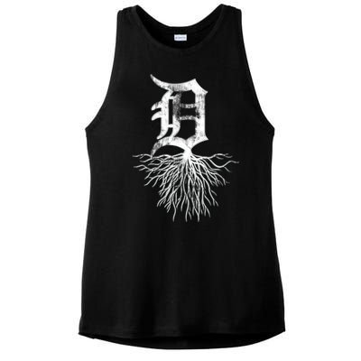 Detroit D Roots Michigan Born Rooted Ladies PosiCharge Tri-Blend Wicking Tank