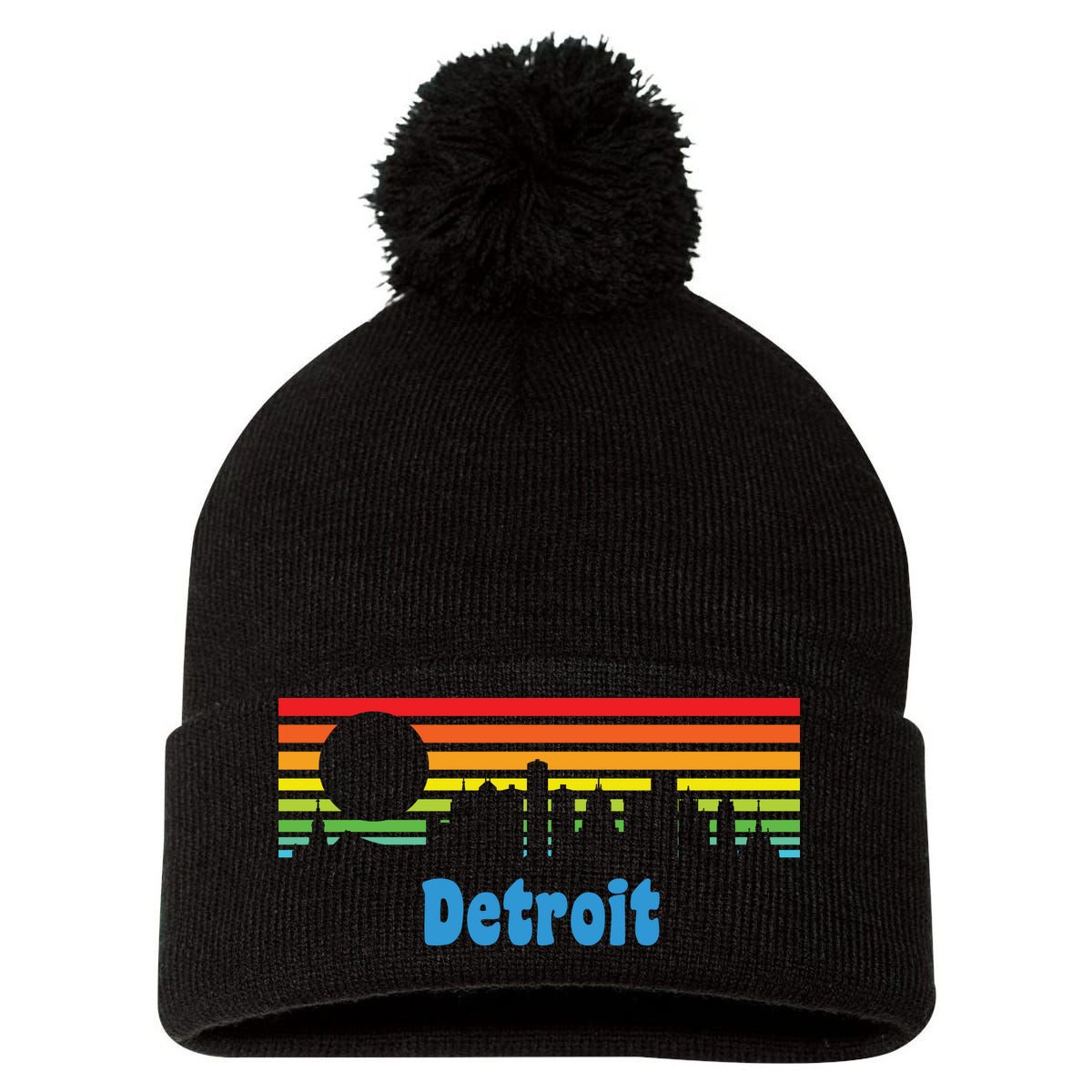 Detroit Retro Skyline Pom Pom 12in Knit Beanie