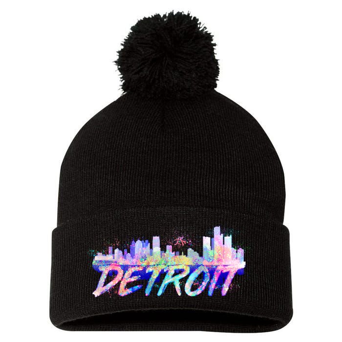 Detroit Skyline Paint Pom Pom 12in Knit Beanie