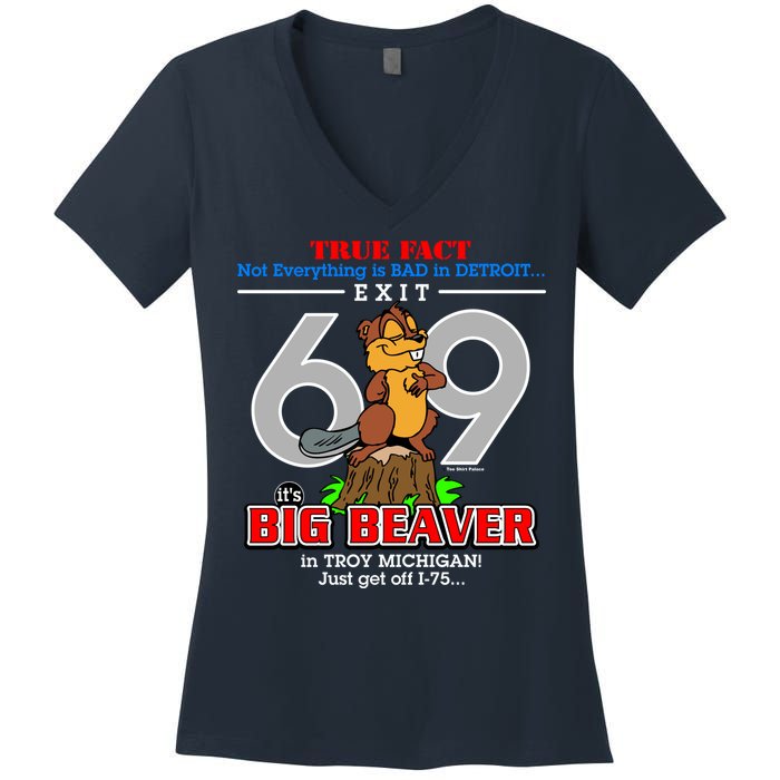 Detroit True Fact Big Beaver Exit 69 Women's V-Neck T-Shirt