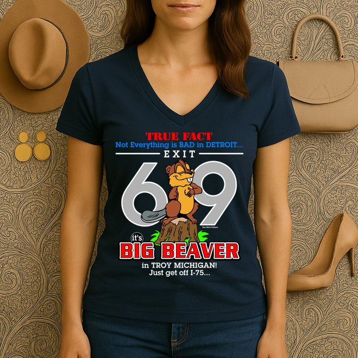 Detroit True Fact Big Beaver Exit 69 Women's V-Neck T-Shirt