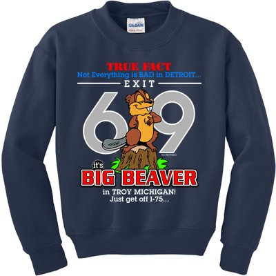 Detroit True Fact Big Beaver Exit 69 Kids Sweatshirt