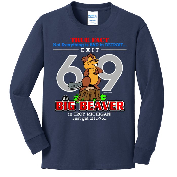 Detroit True Fact Big Beaver Exit 69 Kids Long Sleeve Shirt