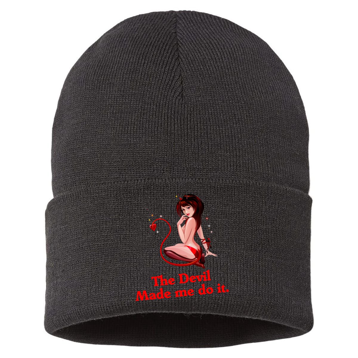 Devil Made Me Do It Funny Sustainable Knit Beanie