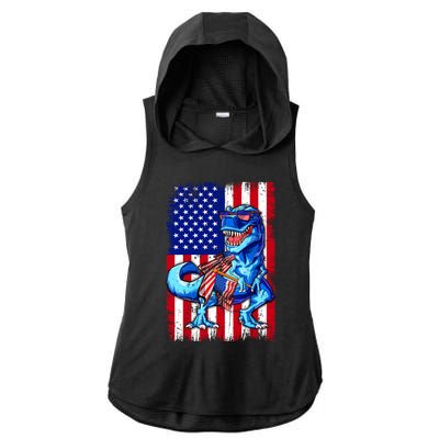 Dinosaurs Funny 4th Of July American Flag T Rex Gift Ladies PosiCharge Tri-Blend Wicking Draft Hoodie Tank