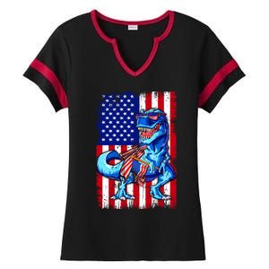 Dinosaurs Funny 4th Of July American Flag T Rex Gift Ladies Halftime Notch Neck Tee