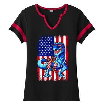 Dinosaurs Funny 4th Of July American Flag T Rex Gift Ladies Halftime Notch Neck Tee