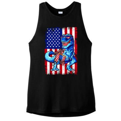 Dinosaurs Funny 4th Of July American Flag T Rex Gift Ladies PosiCharge Tri-Blend Wicking Tank