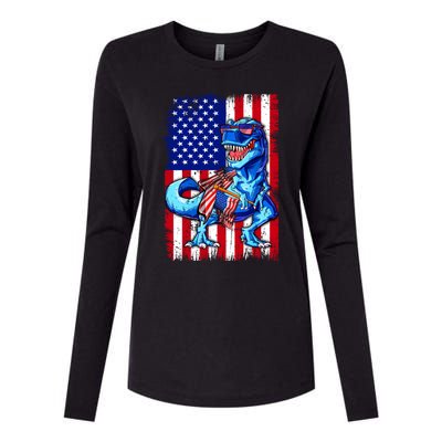 Dinosaurs Funny 4th Of July American Flag T Rex Gift Womens Cotton Relaxed Long Sleeve T-Shirt