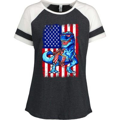 Dinosaurs Funny 4th Of July American Flag T Rex Gift Enza Ladies Jersey Colorblock Tee