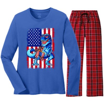 Dinosaurs Funny 4th Of July American Flag T Rex Gift Women's Long Sleeve Flannel Pajama Set 