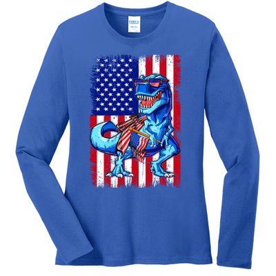 Dinosaurs Funny 4th Of July American Flag T Rex Gift Ladies Long Sleeve Shirt