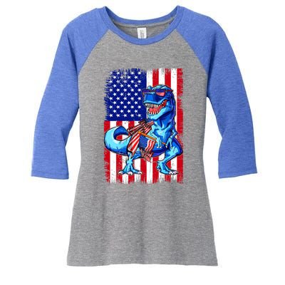 Dinosaurs Funny 4th Of July American Flag T Rex Gift Women's Tri-Blend 3/4-Sleeve Raglan Shirt