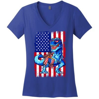 Dinosaurs Funny 4th Of July American Flag T Rex Gift Women's V-Neck T-Shirt