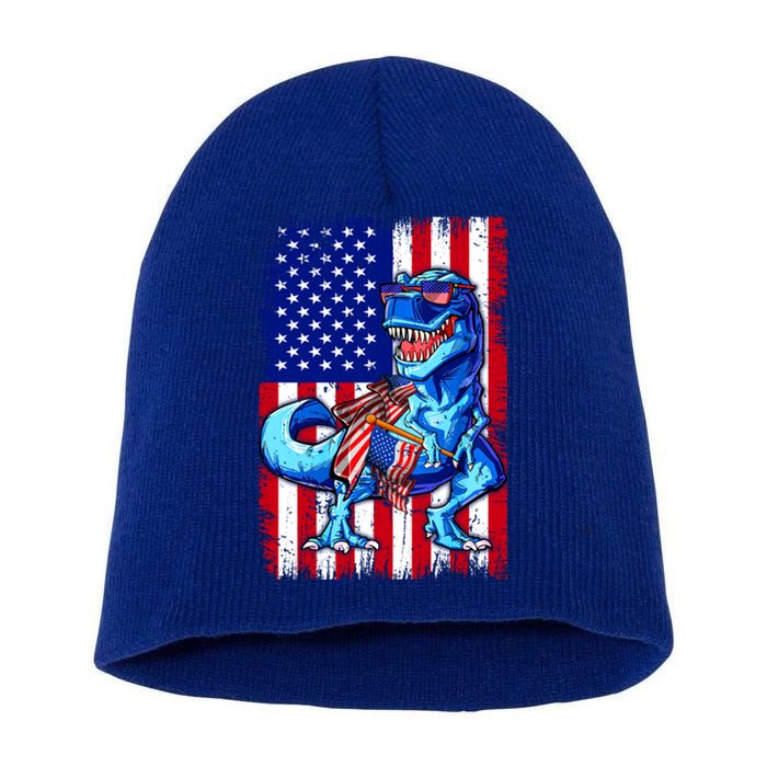 Dinosaurs Funny 4th Of July American Flag T Rex Gift Short Acrylic Beanie