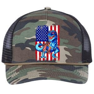 Dinosaurs Funny 4th Of July American Flag T Rex Gift Retro Rope Trucker Hat Cap