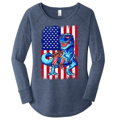 Dinosaurs Funny 4th Of July American Flag T Rex Gift Women's Perfect Tri Tunic Long Sleeve Shirt