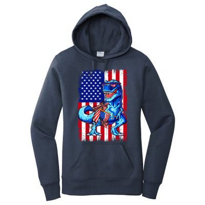 Dinosaurs Funny 4th Of July American Flag T Rex Gift Women's Pullover Hoodie