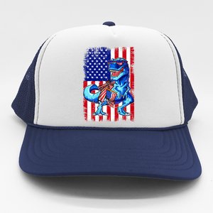 Dinosaurs Funny 4th Of July American Flag T Rex Gift Trucker Hat