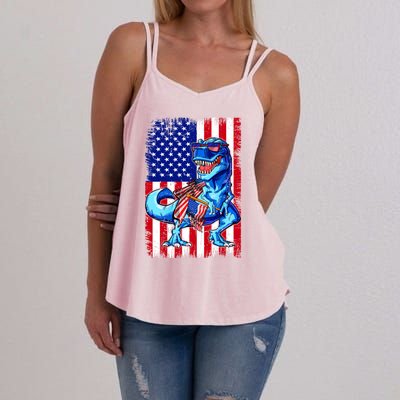 Dinosaurs Funny 4th Of July American Flag T Rex Gift Women's Strappy Tank