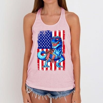 Dinosaurs Funny 4th Of July American Flag T Rex Gift Women's Knotted Racerback Tank