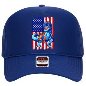 Dinosaurs Funny 4th Of July American Flag T Rex Gift High Crown Mesh Back Trucker Hat