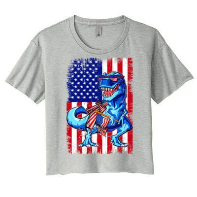 Dinosaurs Funny 4th Of July American Flag T Rex Gift Women's Crop Top Tee