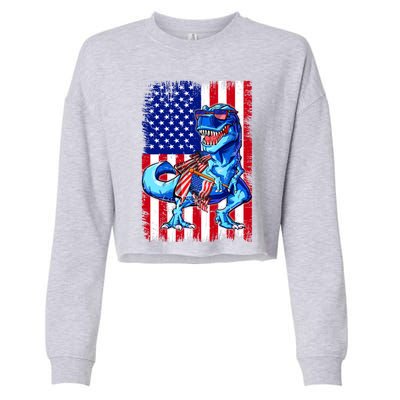 Dinosaurs Funny 4th Of July American Flag T Rex Gift Cropped Pullover Crew