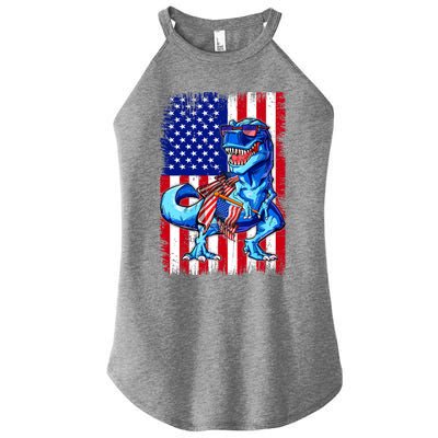 Dinosaurs Funny 4th Of July American Flag T Rex Gift Women's Perfect Tri Rocker Tank