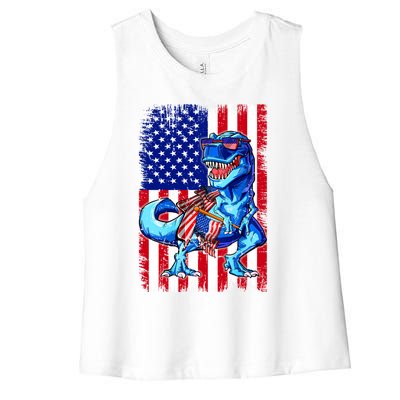 Dinosaurs Funny 4th Of July American Flag T Rex Gift Women's Racerback Cropped Tank