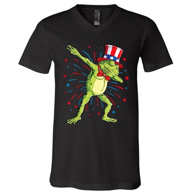 Dabbing Frog 4th Of July Usa American Flag V-Neck T-Shirt