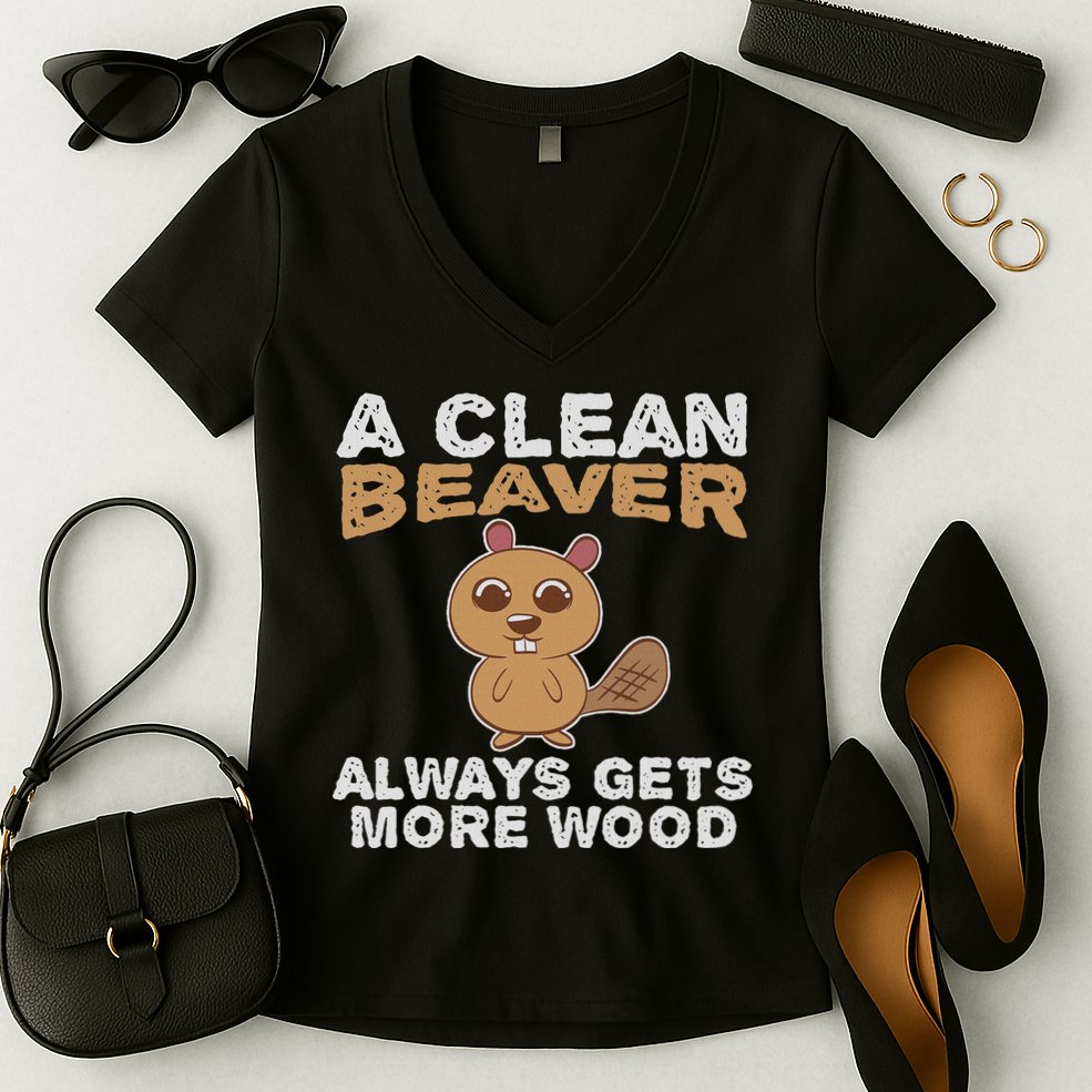 Dirty Funny Adult Clean Beaver Wood Women's V-Neck T-Shirt