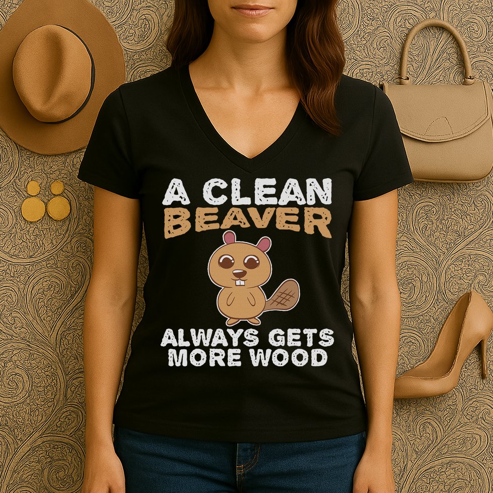 Dirty Funny Adult Clean Beaver Wood Women's V-Neck T-Shirt