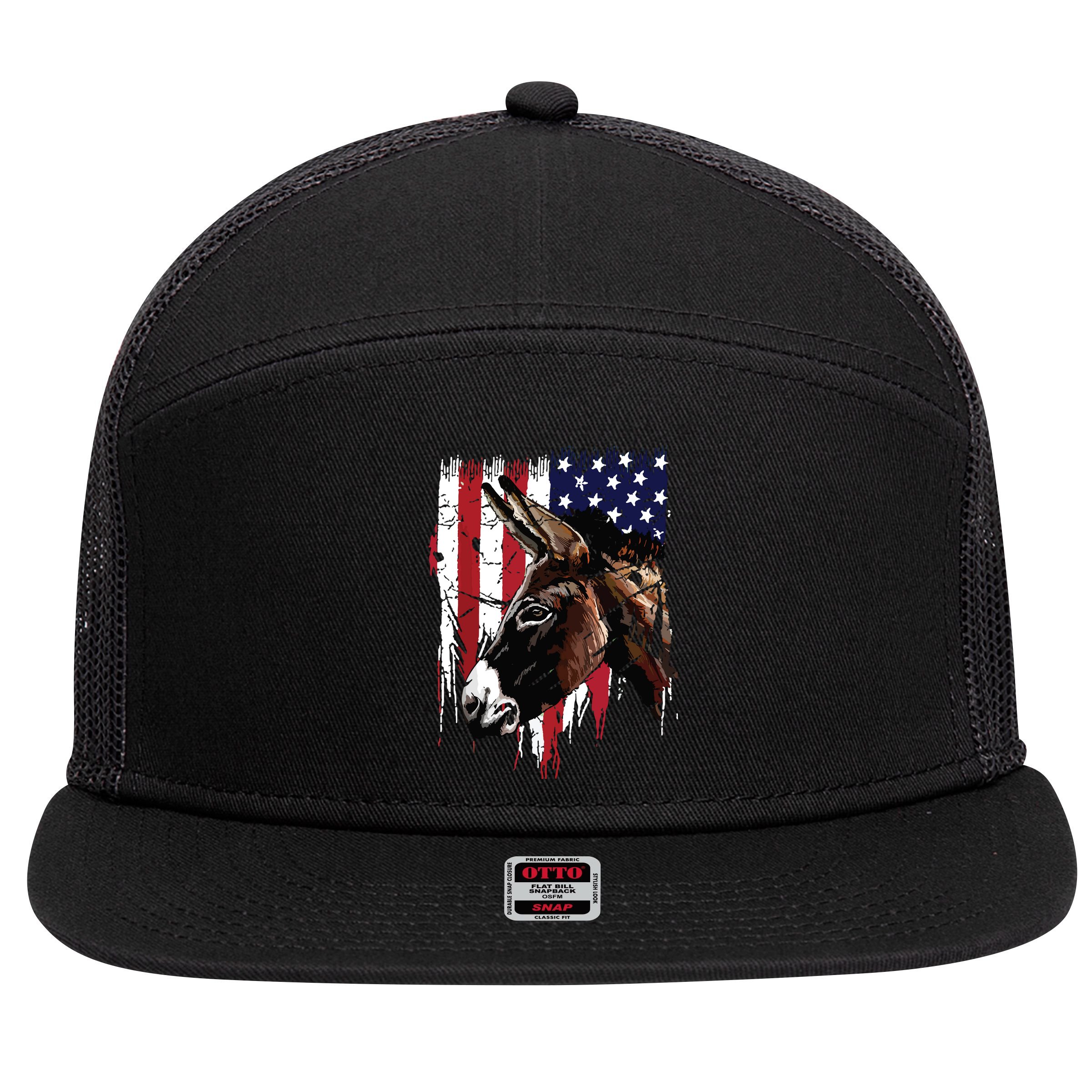 Donkey Farmer American Flag USA Donkey 7 Panel Mesh Trucker Snapback Hat