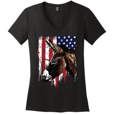 Donkey Farmer American Flag USA Donkey Women's V-Neck T-Shirt