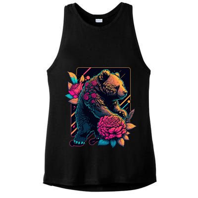 Design Featuring A Bear In Vibrant Neon Colors With A Retro Aesthetic Ladies PosiCharge Tri-Blend Wicking Tank