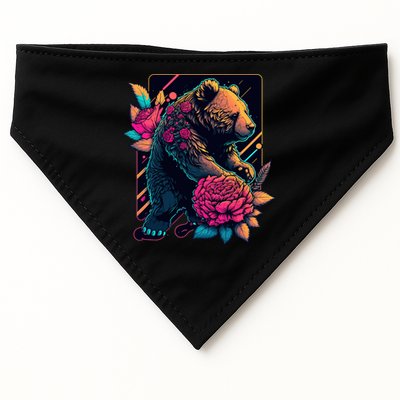 Design Featuring A Bear In Vibrant Neon Colors With A Retro Aesthetic USA-Made Doggie Bandana